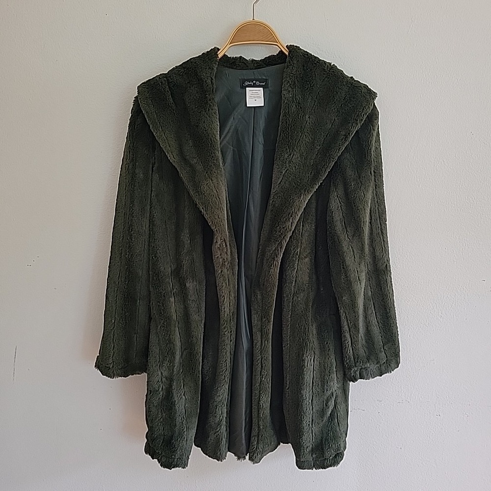 Slinky Brand Faux Fur Coat Medium Dark‎ Green Open Front Shawl Collar Boho Glam